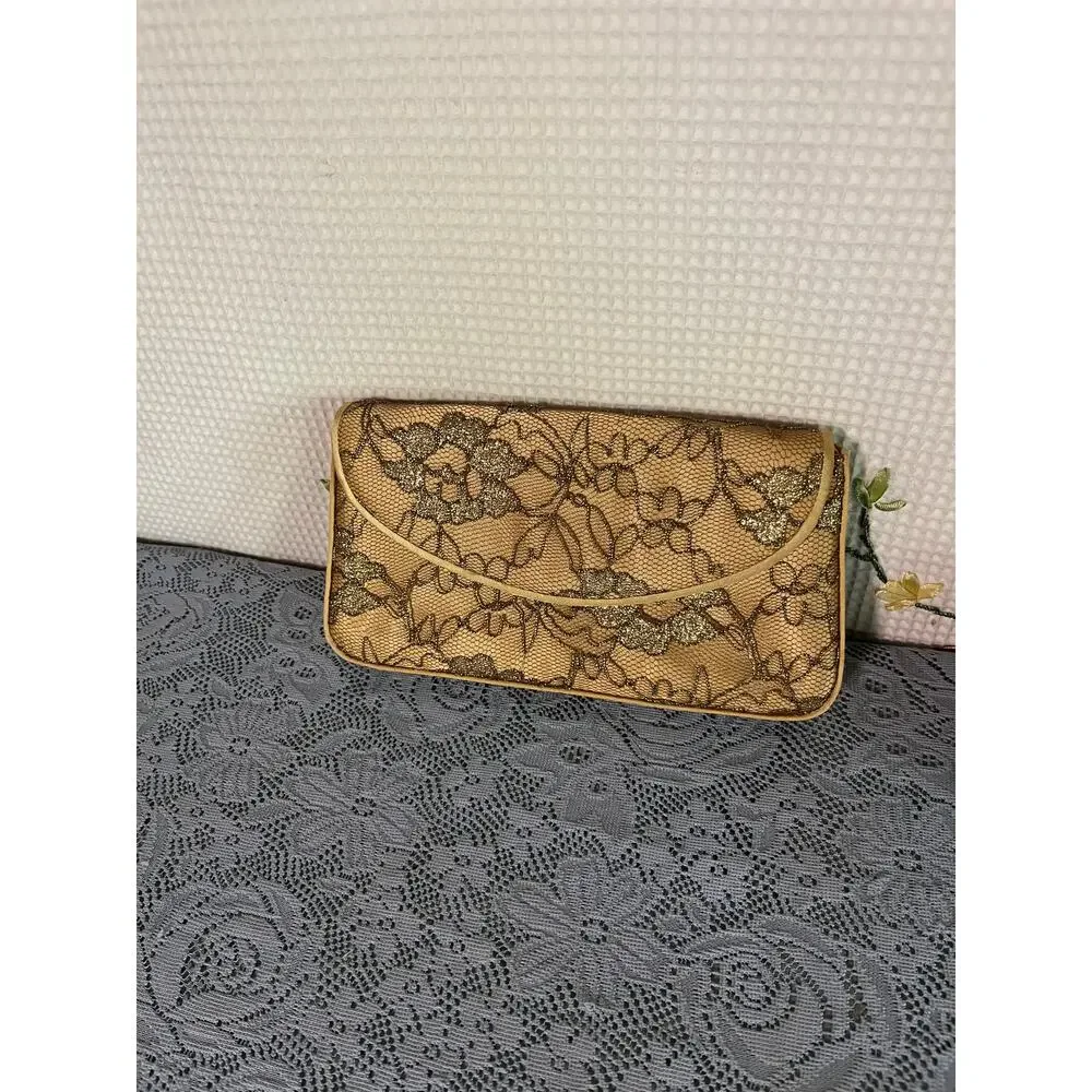Gold Metallic Lace Evening Clutch Bag Braided Rope Strap Mirror Formal Purse